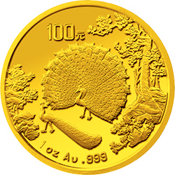 中国古代名画系列（孔雀开屏）金银纪念币1盎司圆形金质纪念币背面图案