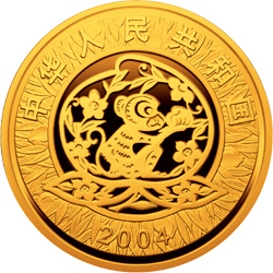2004中国甲申（猴）年金银纪念币1/10盎司圆形金质彩色纪念币正面图案