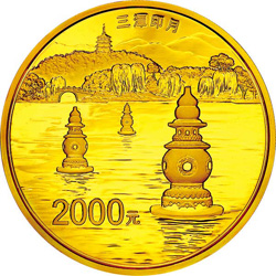 世界遗产——杭州西湖文化景观金银纪念币155.52克（5盎司）圆形金质纪念币背面图案