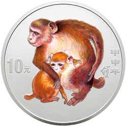 2004中国甲申（猴）年金银纪念币1盎司圆形银质彩色纪念币背面图案