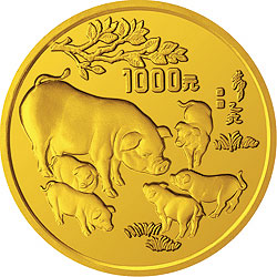 1995中国乙亥（猪）年金银铂纪念币12盎司圆形金质纪念币背面图案